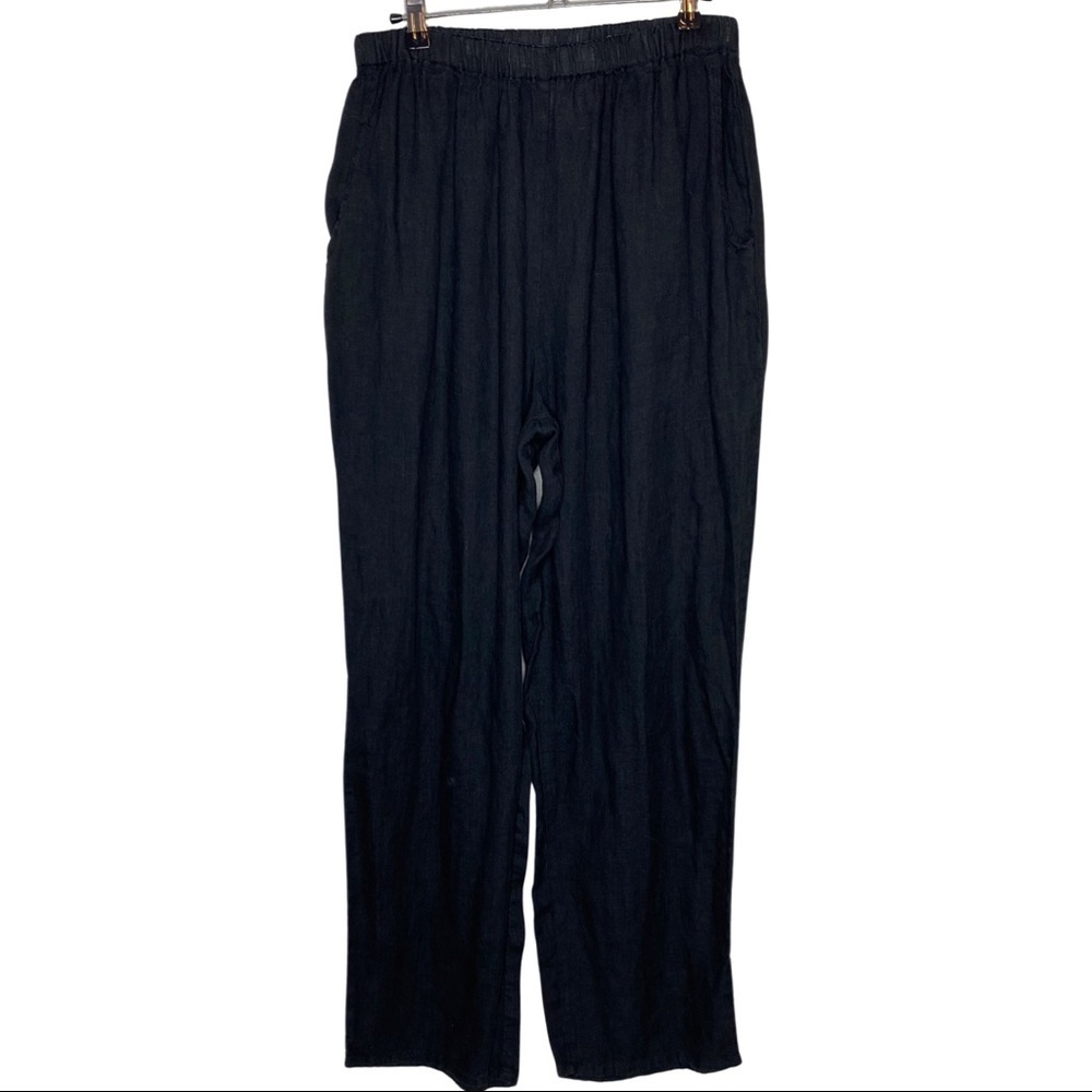 Flax Lagenlook 100% Linen Black Pull On Elastic Waist Relaxed Loose High Rise